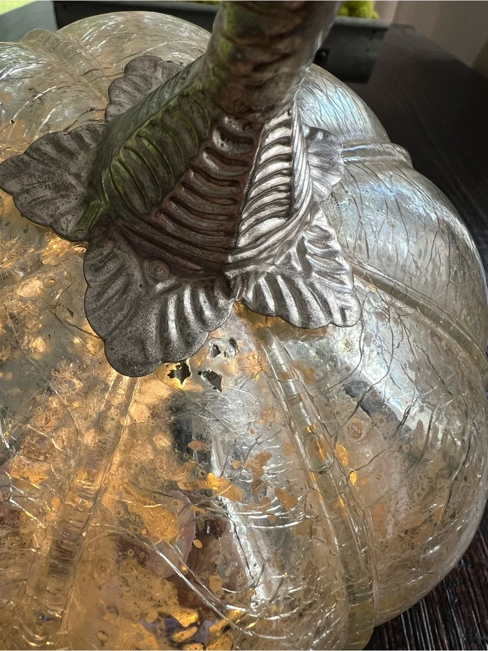 Mercury Crackle Glass Pumpkin Decoration, Silver Tone Metal Stem